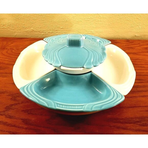 Lazy Susan Snack Tray Dish MCM Vintage California Pottery Aqua and White USA - Picture 1 of 6